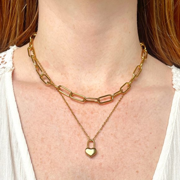 Paperclip Necklace Gold Plated Stainless Steel Heart Charm, New Trendy, classic - Picture 1 of 4